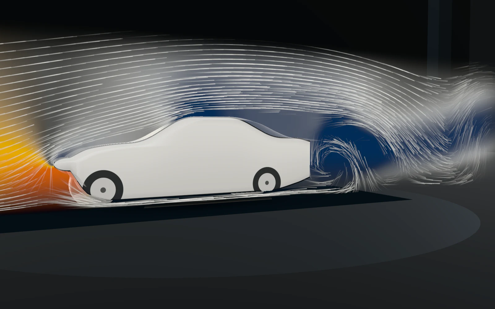 Fiktive Limousine als weißes Tonmodell in einem dunklen Windkanal. Im Mittelschnitt zeigt eine leuchtende Ebene den Druck um die Karosserie, Stromfäden ziehen über das Dach in die Wirbelschleppe.