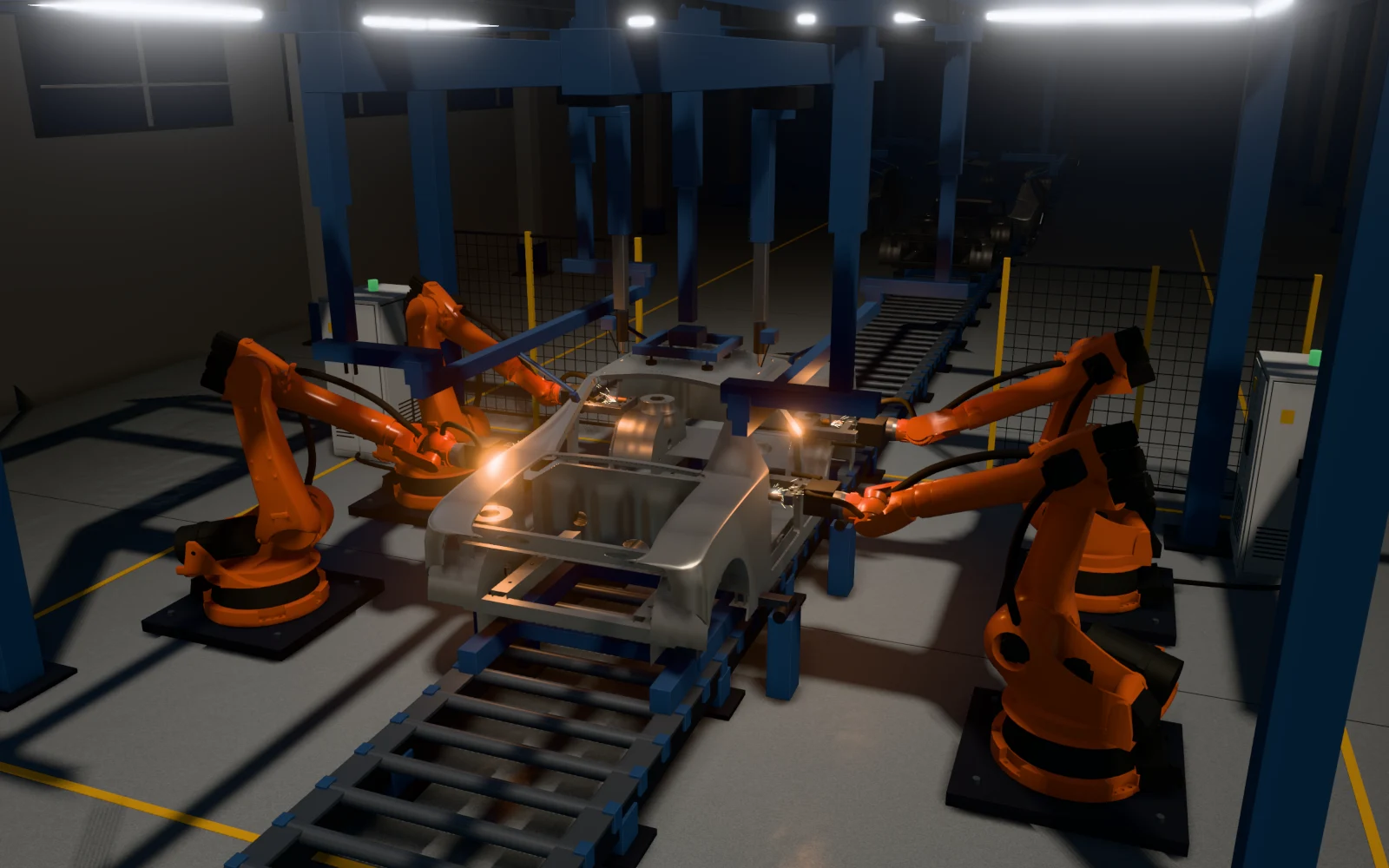 Framing station of a body-in-white line: under a blue portal, four orange industrial robots and two laser-brazing gantries join underbody, side frames and roof into a body. The next kits hang on the line behind.