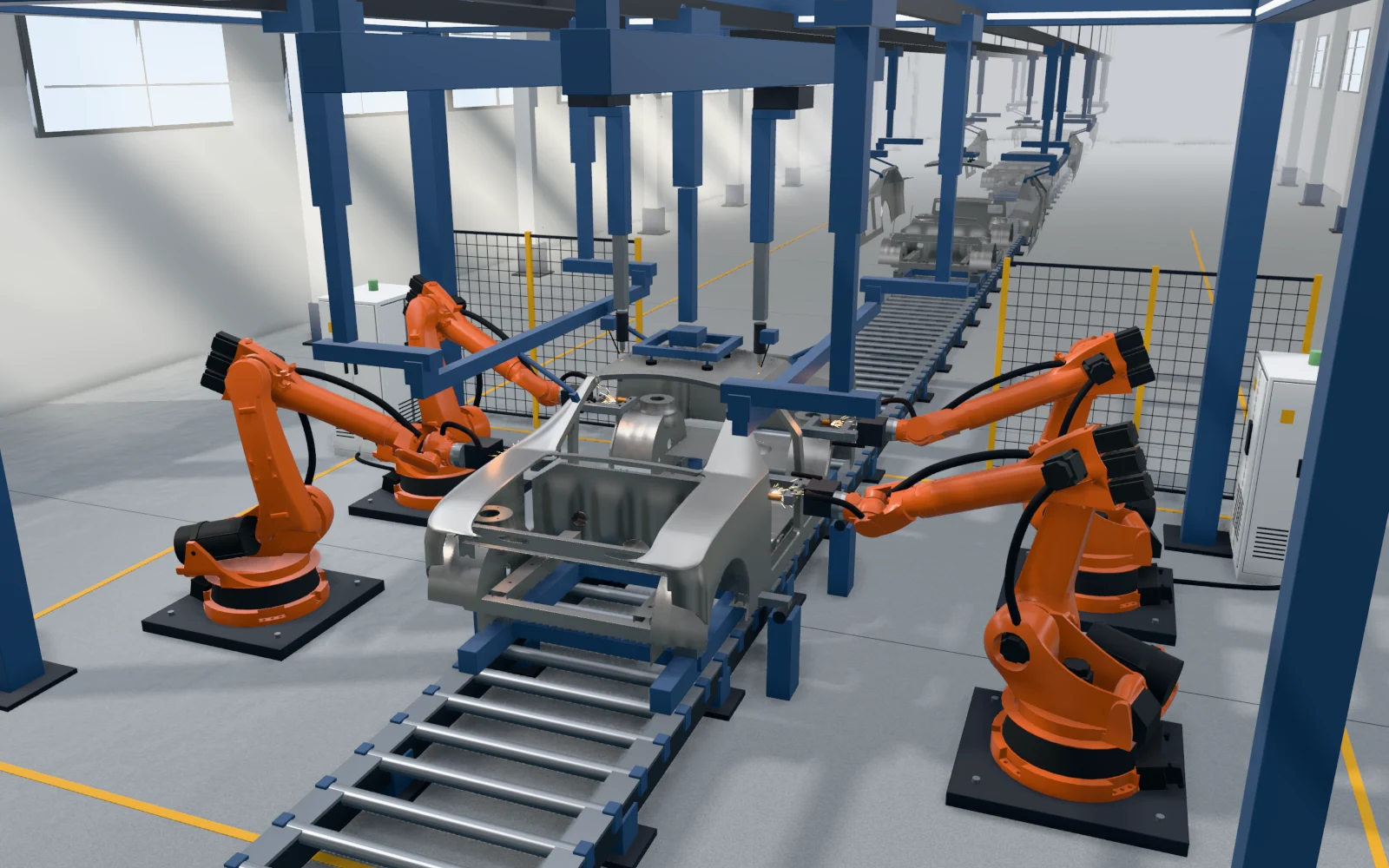 Framing station of a body-in-white line: under a blue portal, four orange industrial robots and two laser-brazing gantries join underbody, side frames and roof into a body. The next kits hang on the line behind.