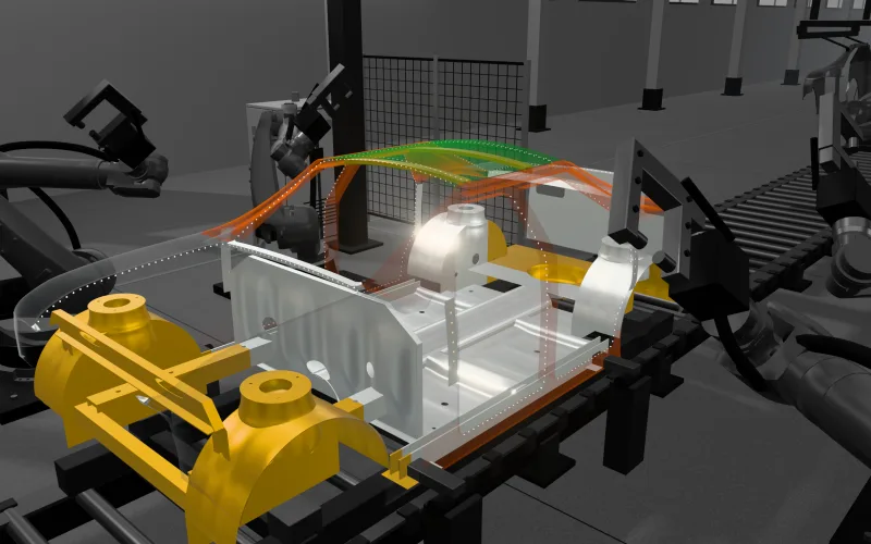 X-ray view of the body: the outer skin is translucent, the pillar ring and sills are orange, front and rear structure yellow, the cabin floor light, the aluminium roof green; the weld spots glow.