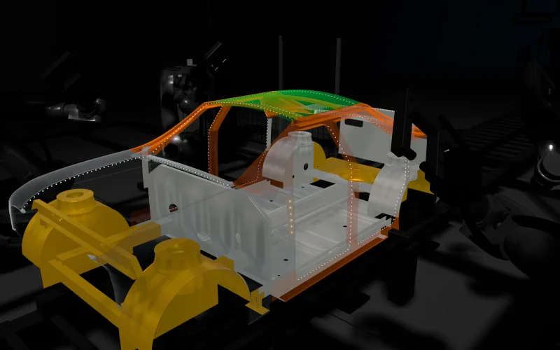 X-ray view of the body: the outer skin is translucent, the pillar ring and sills are orange, front and rear structure yellow, the cabin floor light, the aluminium roof green; the weld spots glow.