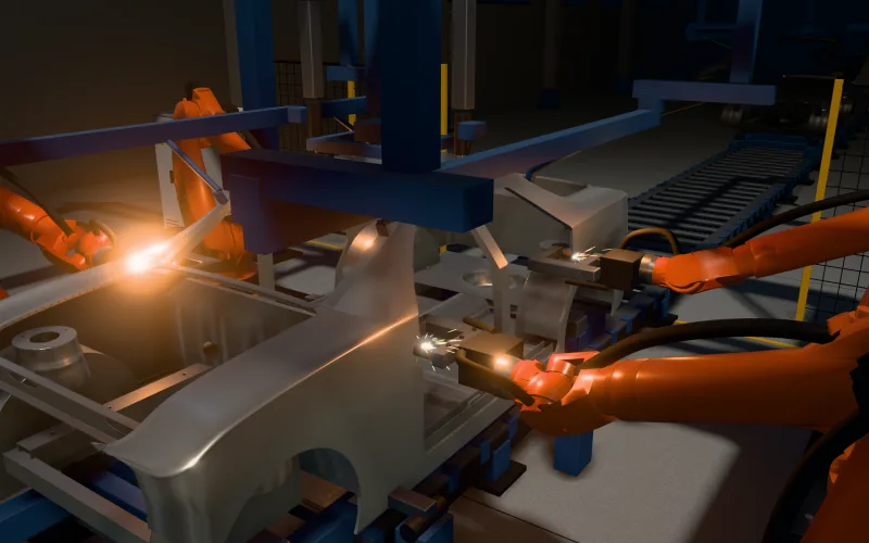 Close-up of the spot-welding guns at the door apertures: sparks fly, fresh spots still glow, and a laser optic brazes the roof seam above.
