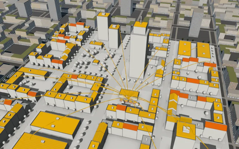 The district as a white architectural model; roofs are tinted yellow to orange by solar potential, and energy flows lead to the district storage.