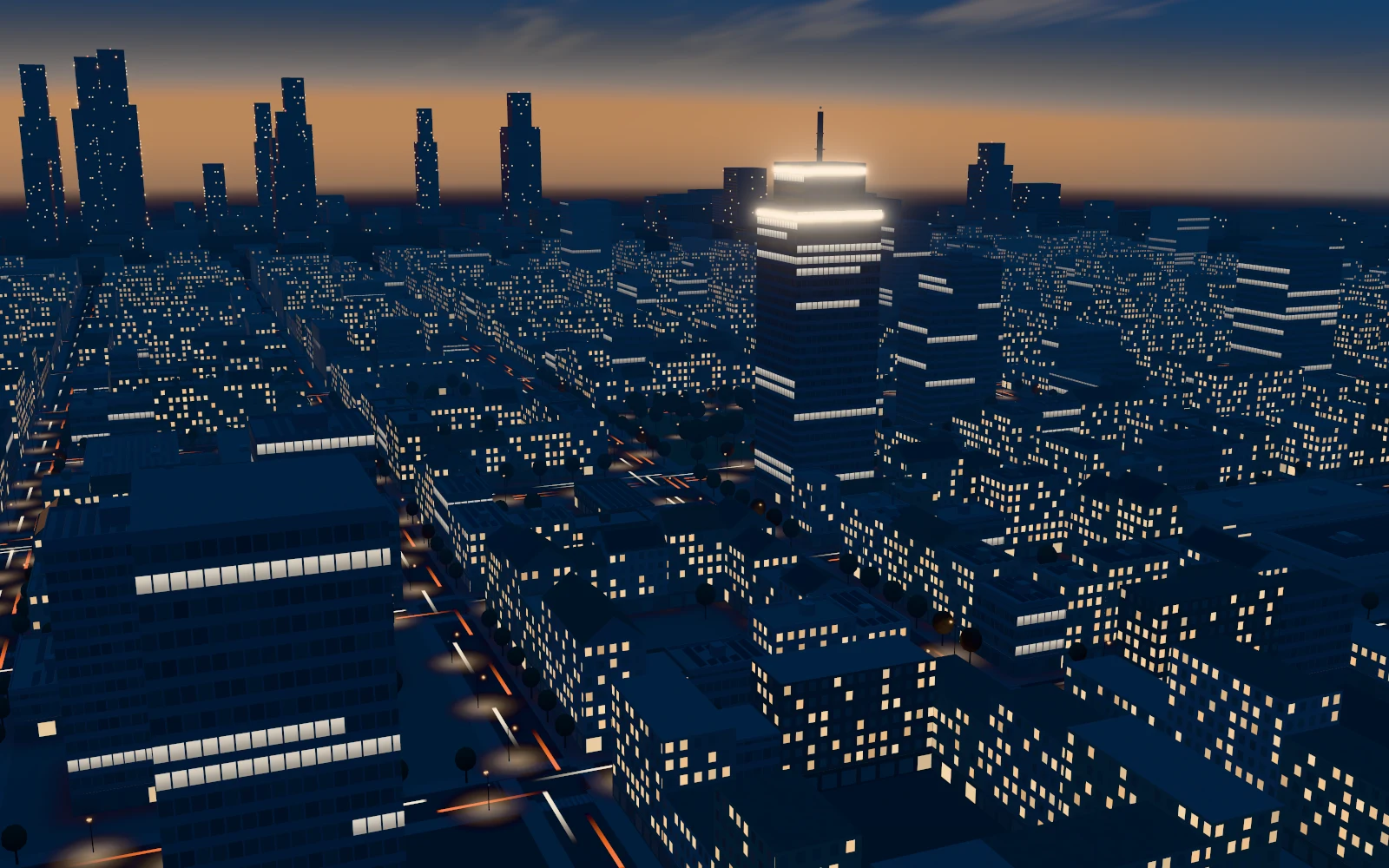 Fictional city district at blue hour with lit windows, street lights and a high-rise carrying a radio mast.