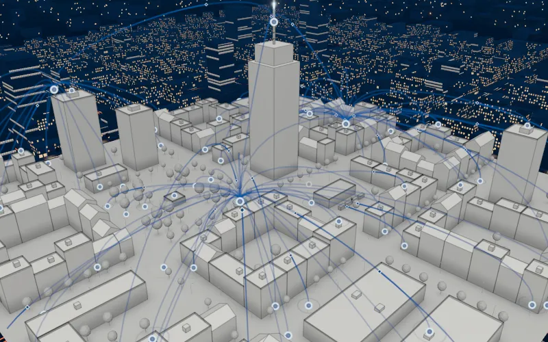 The district as a white architectural model with blue sensor nodes whose data packets travel to gateways and the platform.